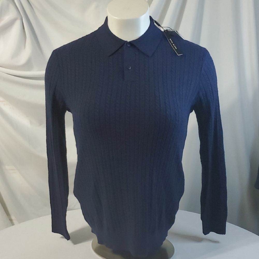 Tahari NWT Soft Wool Blend Men's Navy Blue Cable Knit Collar Sweater Sz Small
